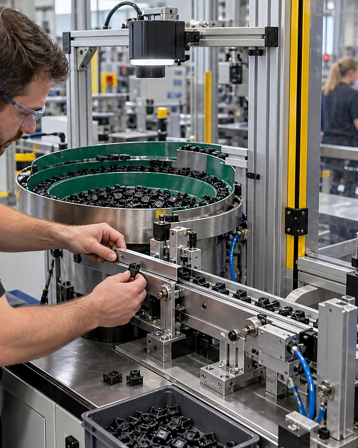 A technician setting and testing an installed component feeder and downstream escapement.