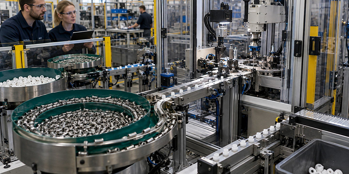 A tray denester releasing one tray from a magazine onto a conveyor in an operating packaging line.